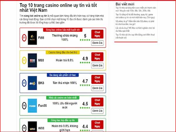 Top #10 tên casino trực tuyến phổ biến nhất hiện nay